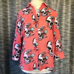 Coral Skull and Flowers Sheer Blouse